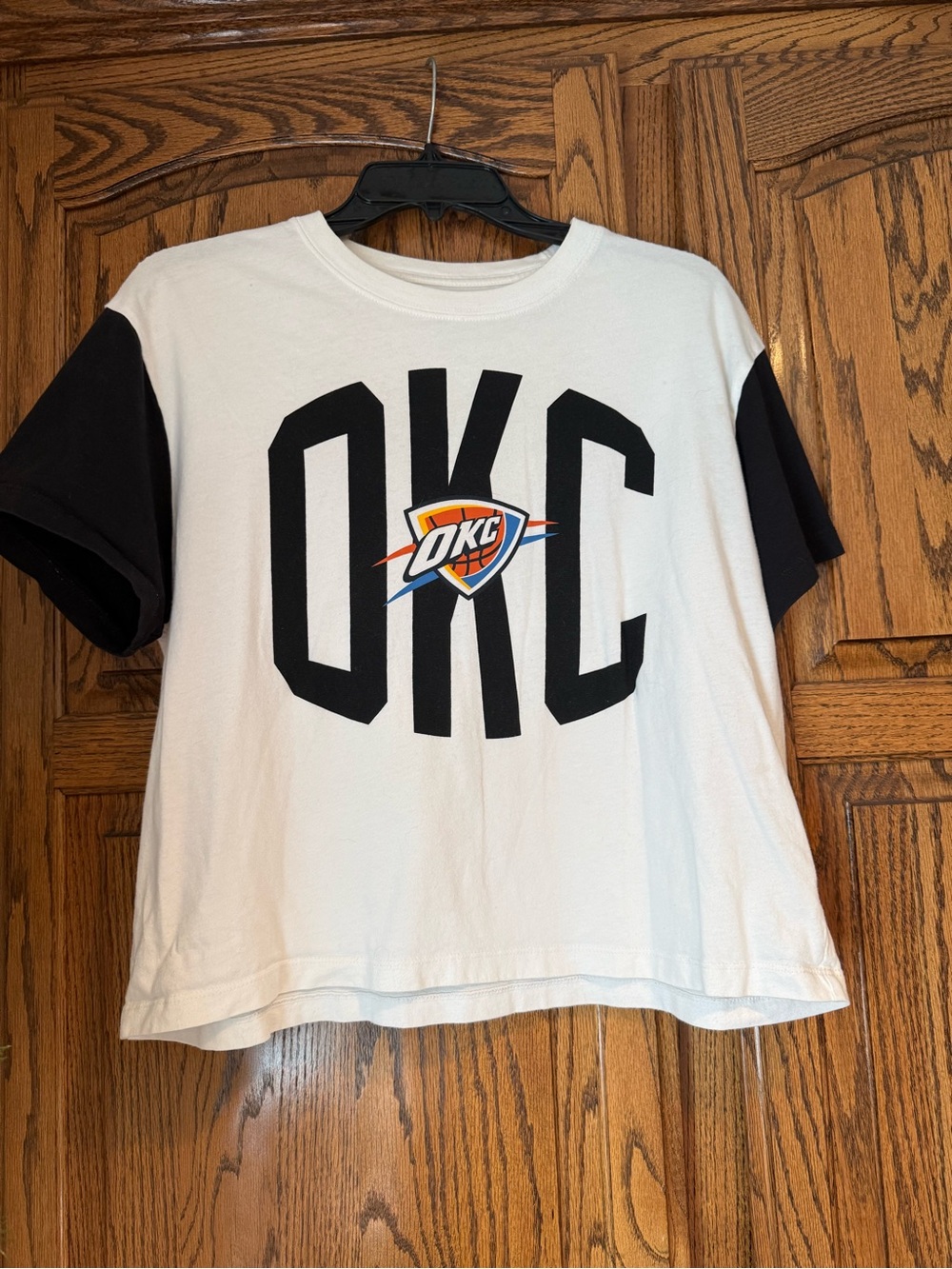 OKC women’s Short Sleeve Tee — White Body with Black Sleeves